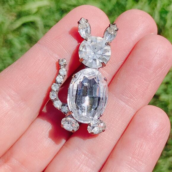 VTG Mid Century Brooch Jelly Belly Rhinestone Cat Silver Tone 1950s - Picture 5 of 10